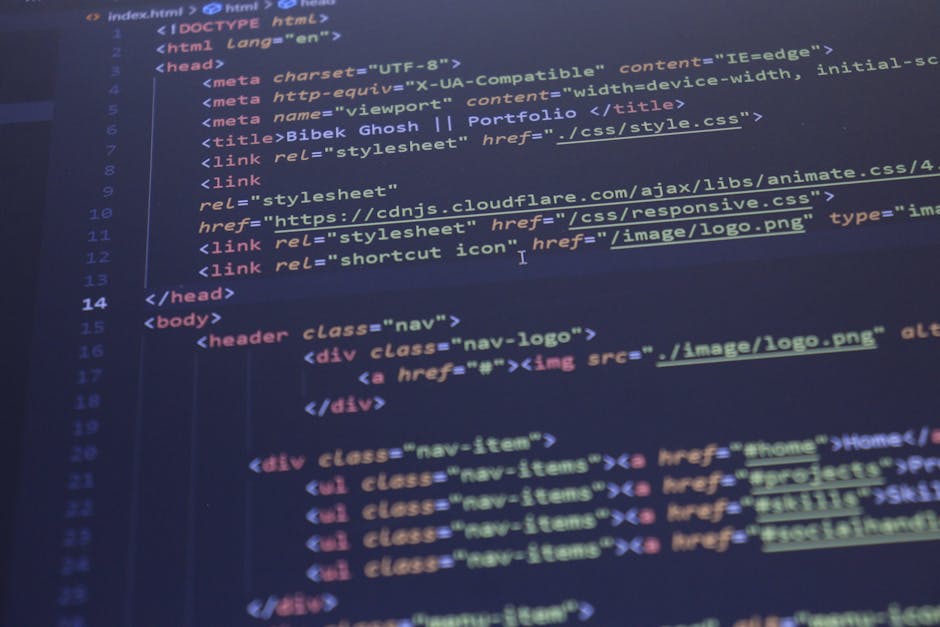 A close-up view of a computer screen displaying lines of HTML code with various tags and attributes, including 'div', 'class', and 'alt' text for images. The code is highlighte